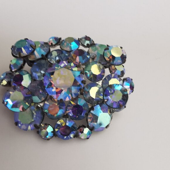 Vintage  TRIAD Multi Level Rhinestone Brooch- Blue Aurora - Picture 3 of 16
